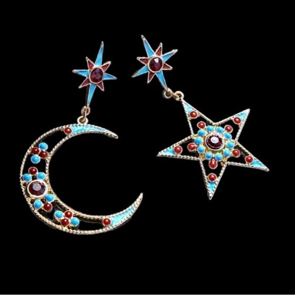 Bijoux Star Crescent Moon Mismatched Gold Tone Multicolor Dangle Earrings NWT - Picture 14 of 14